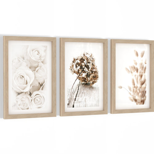 Novart Biler Set Boho - mit Rahmen - Wohnzimmer Schlafzimmer Wanddeko - 3 Wandbilder Beige - N123130aR1