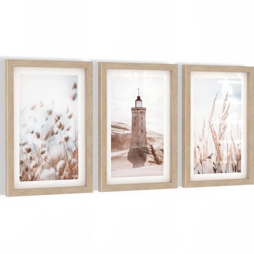 Novart Biler Set Lichtturm Boho Meer - mit Rahmen - Wohnzimmer Schlafzimmer Flur Wanddeko - 3 Wandbilder Beige - N134930aR1