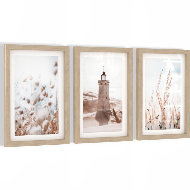 Novart Biler Set Lichtturm Boho Meer - mit Rahmen - Wohnzimmer Schlafzimmer Flur Wanddeko - 3 Wandbilder Beige - N134930aR1