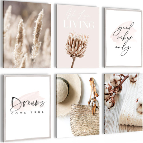 Novart Wandbilder - KEIN EXTRA RAHMEN BENÖTIGT - Wohnzimmer Schlafzimmer - Bilder Modern Boho Pampasgras - Beige Rosa - N006665a