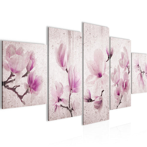Runa Art Wandbilder Blumen Magnolien 5 Teilig Bild auf Vlies Leinwand Deko Wohnzimmer Abstrakt Grau Rosa 007752b