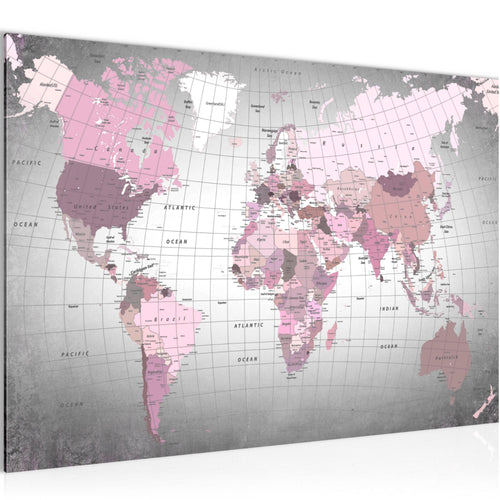 Runa Art Bild Weltkarte Modern Wandbilder Wohnzimmer Büro 1 Teilig - Made In Germany - Kontinente Rosa Grau Flur 023315c