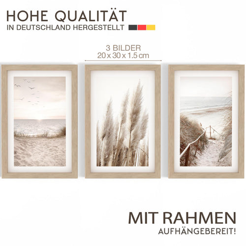 Novart Biler Set Boho - mit Rahmen - Wohnzimmer Schlafzimmer Wanddeko - 3 Wandbilder Beige - N103930aR1