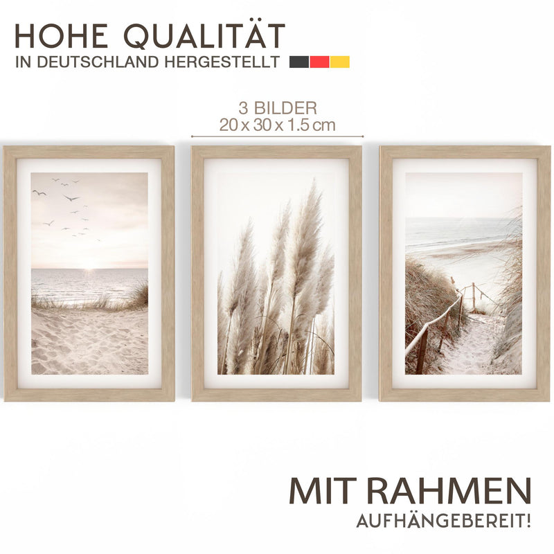 Novart Biler Set Boho - mit Rahmen - Wohnzimmer Schlafzimmer Wanddeko - 3 Wandbilder Beige - N103930aR1