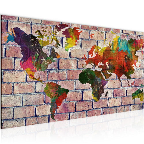 Runa Art Wandbild Weltkarte 1 Teilig 100 x 40 cm Modern Bild auf Vlies Leinwand Ziegelwand Büro Wohnzimmer Rot Bunt 106912c