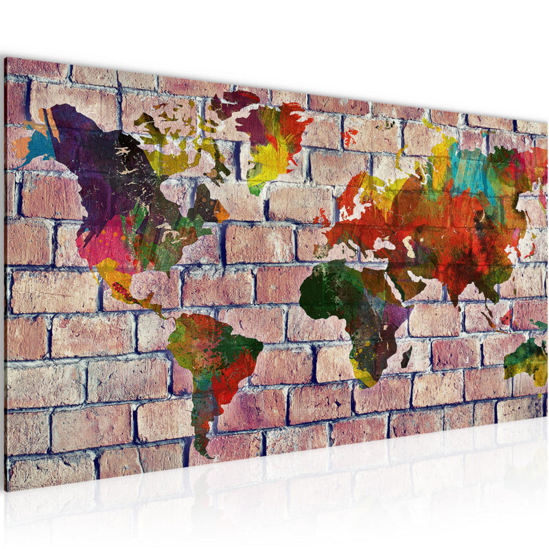 Runa Art Wandbild Weltkarte 1 Teilig 100 x 40 cm Modern Bild auf Vlies Leinwand Ziegelwand Büro Wohnzimmer Rot Bunt 106912c