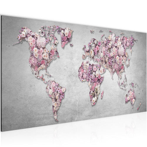 Runa Art Wandbild Weltkarte Blumen 1 Teilig 100 x 40 cm Modern Bild auf Vlies Leinwand Steinwand Wohnzimmer Grau Rosa 023212a