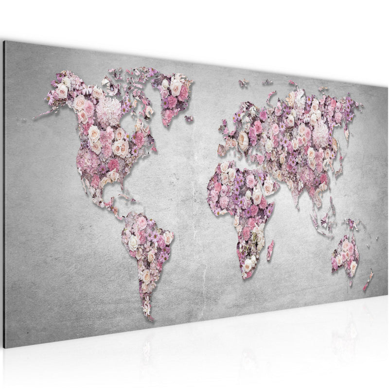 Runa Art Wandbild Weltkarte Blumen 1 Teilig 100 x 40 cm Modern Bild auf Vlies Leinwand Steinwand Wohnzimmer Grau Rosa 023212a