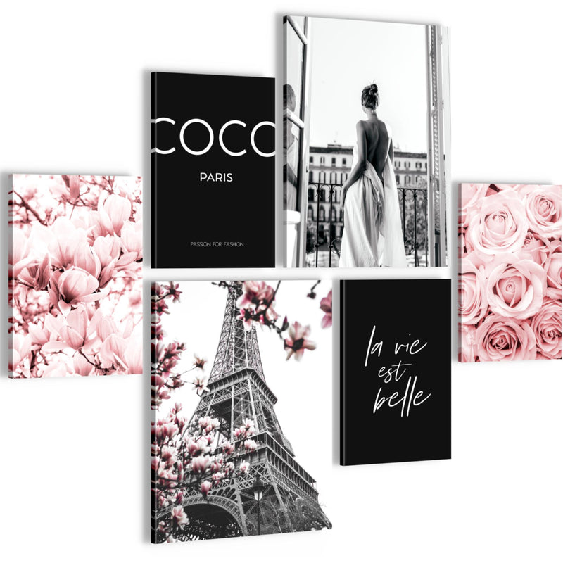 Novart Wandbilder Set Fashion Paris Rosa - KEIN EXTRA RAHMEN BENÖTIGT -  Modern Deko  - Wohnzimmer Mädchen Teenager N008363a