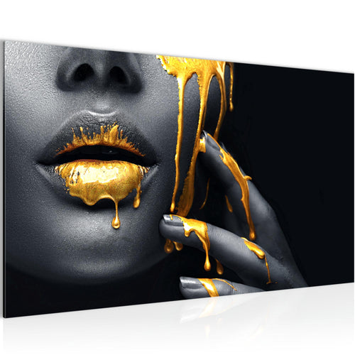 Runa Art Bild Lippen Gold Schwarz Modern Wandbilder Wohnzimmer Schlafzimmer 1 Teilig - Made In Germany - Kosmetik Fashion Frau Flur 041515a