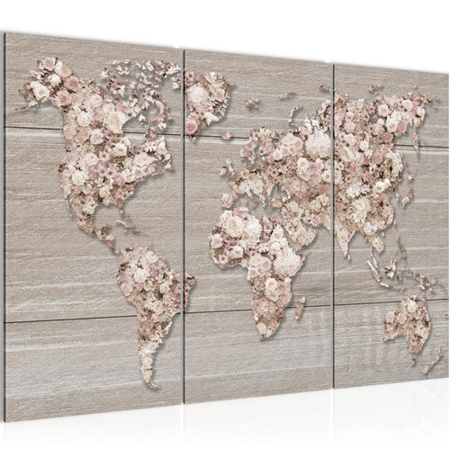 Runa Art Wandbilder Weltkarte Blumen Bild XXL Wohnzimmer Schlafzimmer Beige Braun Holzwand 120 x 80 cm 3 Teilig 023231c