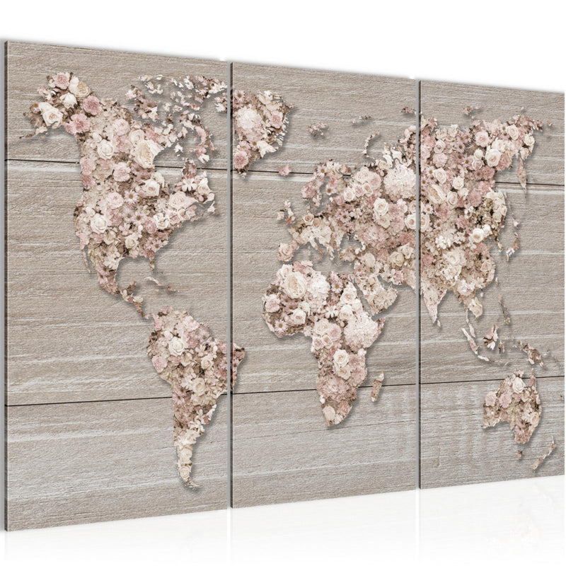 Runa Art Wandbilder Weltkarte Blumen Bild XXL Wohnzimmer Schlafzimmer Beige Braun Holzwand 120 x 80 cm 3 Teilig 023231c
