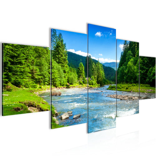 Runa Art Bild Wohnzimmer Schlafzimmer Wald Fluss 5 Teilig Natur Grün Blau Wandbilder auf Vlies Leinwand 049853a