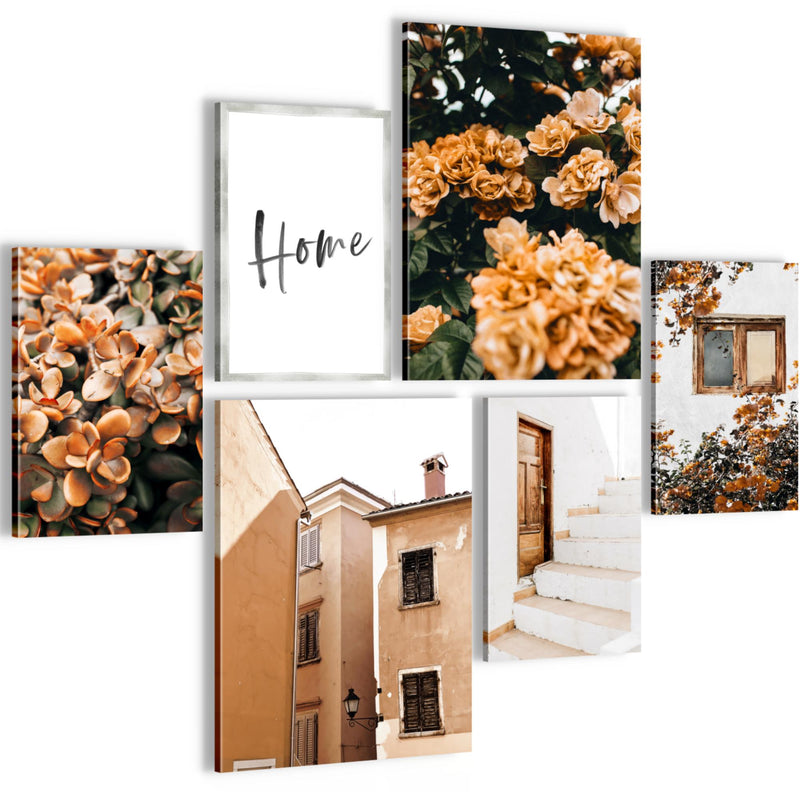 Novart Wandbilder Set Home Blumen Orange - KEIN EXTRA RAHMEN BENÖTIGT -  Modern Deko  - Wohnzimmer Schlafzimmer N010163a