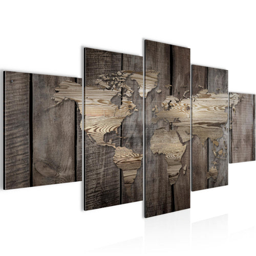 Runa Art Wandbilder Weltkarte 5 Teilig Bild auf Vlies Leinwand Deko Büro Wohnzimmer Holzoptik Beige Braun 035052b
