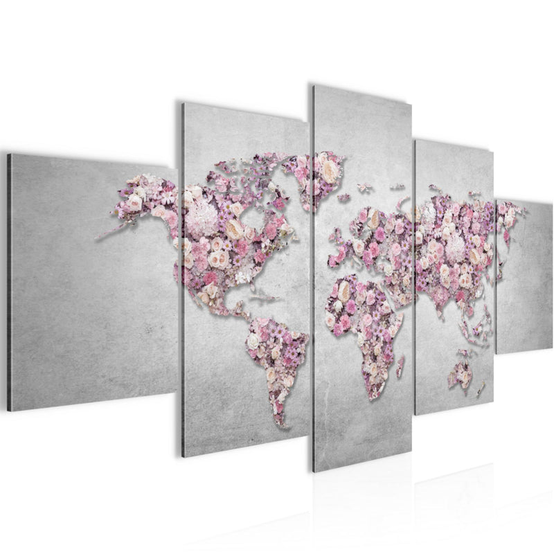 Runa Art Bild Wohnzimmer Schlafzimmer Weltkarte Blumen 5 Teilig Steinwand Grau Rosa Wandbilder auf Vlies Leinwand 023253a