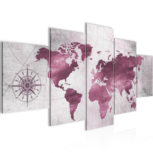 Runa Art - Bilder Weltkarte 200 x 100 cm 5 Teilig XXL Wanddekoration Design Pink 026051b
