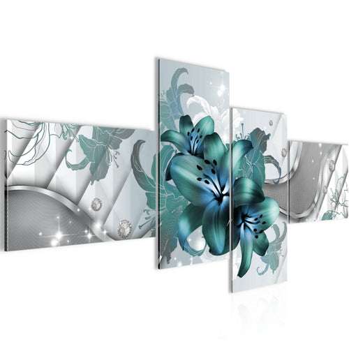 Runa Art Bild Modern Blumen Lilien - Made in Germany - Wandbilder Abstrakt Grau Türkis 4 Teilig 016542a