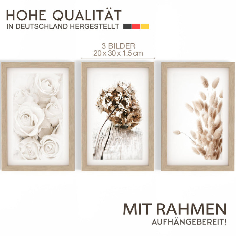 Novart Biler Set Boho - mit Rahmen - Wohnzimmer Schlafzimmer Wanddeko - 3 Wandbilder Beige - N123130aR1