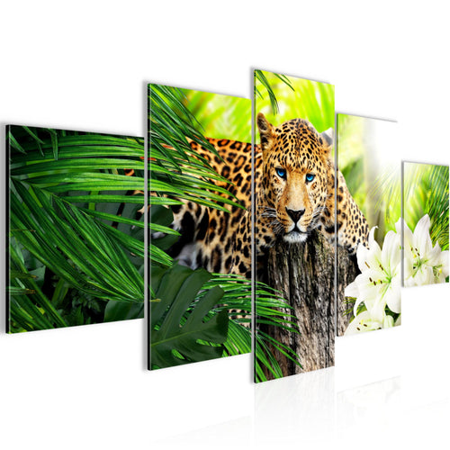 Runa Art Wandbilder Afrika Leopard 5 Teilig Bild auf Vlies Leinwand Deko Wohnzimmer Schlafzimmer Raubkatze Dschungel Grün 006752b