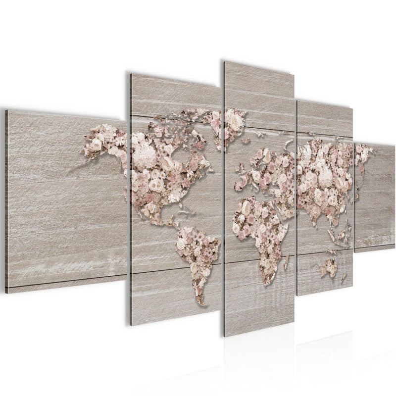 Runa Art Wandbilder Weltkarte Blumen 5 Teilig Bild auf Vlies Leinwand Deko Wohnzimmer Kontinente Biege Braun 023252c