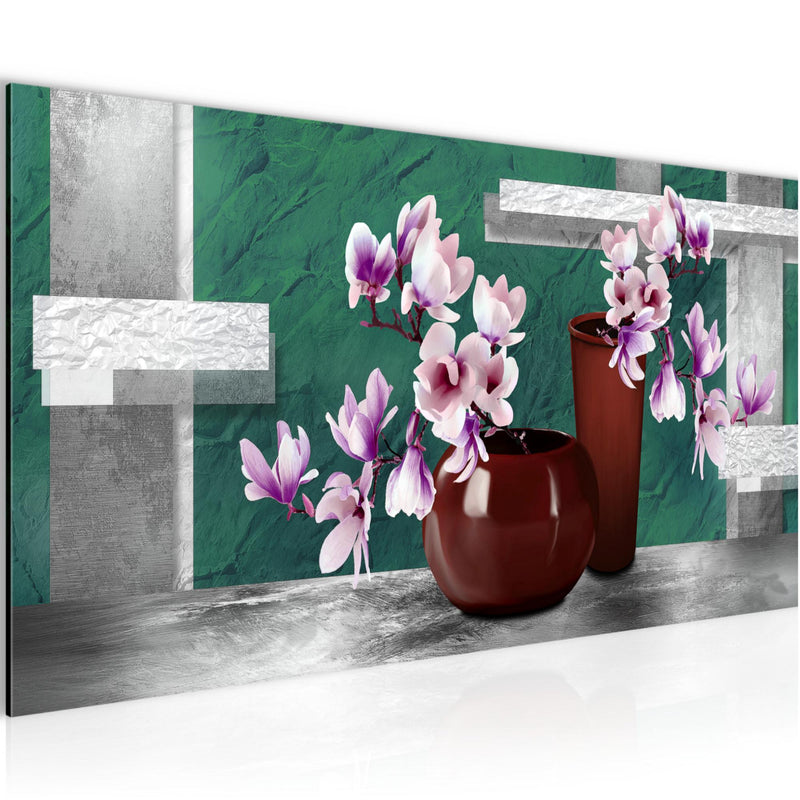 Runa Art Wandbild Blumen Abstrakt 1 Teilig 100 x 40 cm Modern Bild auf Vlies Leinwand Blumenvase Wohnzimmer Türkis Grau 035212b