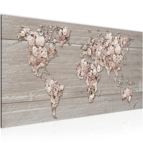 Runa Art Wandbild Weltkarte Blumen 1 Teilig 100 x 40 cm Modern Bild auf Vlies Leinwand Holzwand Wohnzimmer Beige Braun 023212c