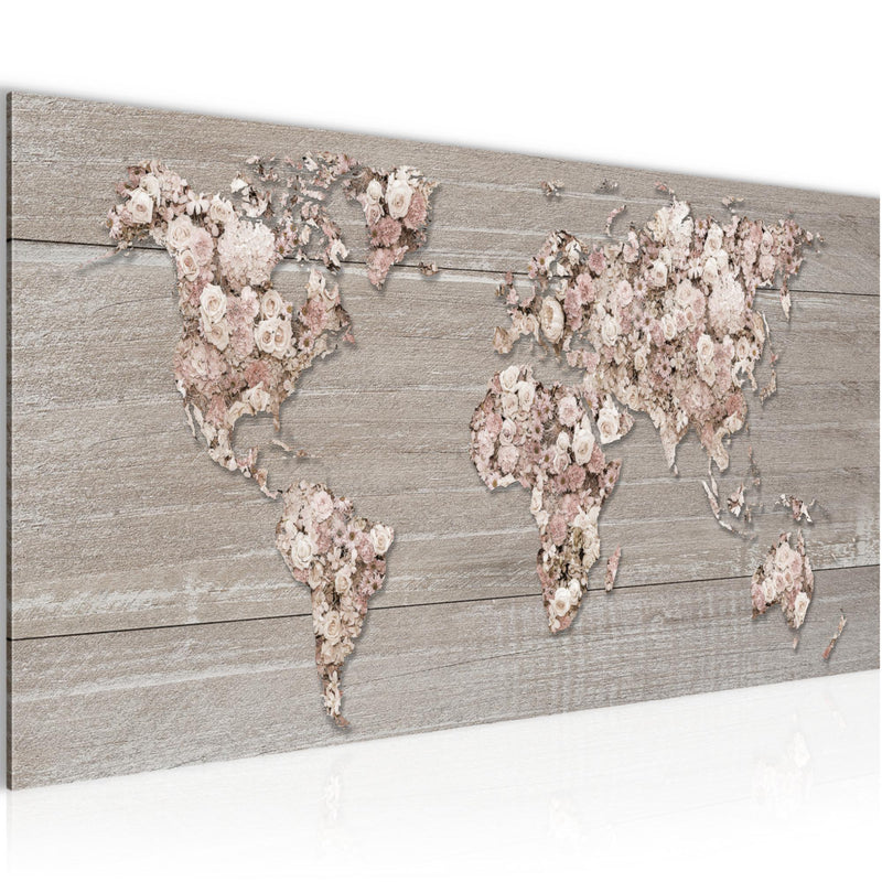Runa Art Wandbild Weltkarte Blumen 1 Teilig 100 x 40 cm Modern Bild auf Vlies Leinwand Holzwand Wohnzimmer Beige Braun 023212c