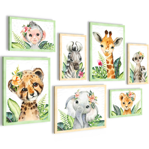 Novart Wandbilder Tiere Afrika - KOMPLETT AUFHÄNGFERTIG - Grau Kinderzimmer Mädchen Junge - 7 Moderne Mood-Bilder - N017371b