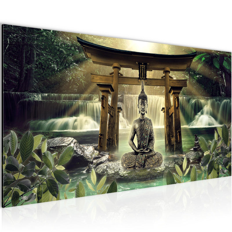 Runa Art Wandbild Feng Shui Buddha 1 Teilig 100 x 40 cm Modern Bild auf Vlies Leinwand Spa Wohnzimmer Schlafzimmer Grün Braun 036412a