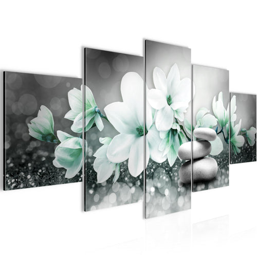 Runa Art Wandbilder Blumen Magnolien 5 Teilig Bild auf Vlies Leinwand Deko Wohnzimmer Abstrakt Grau Türkis 035452b