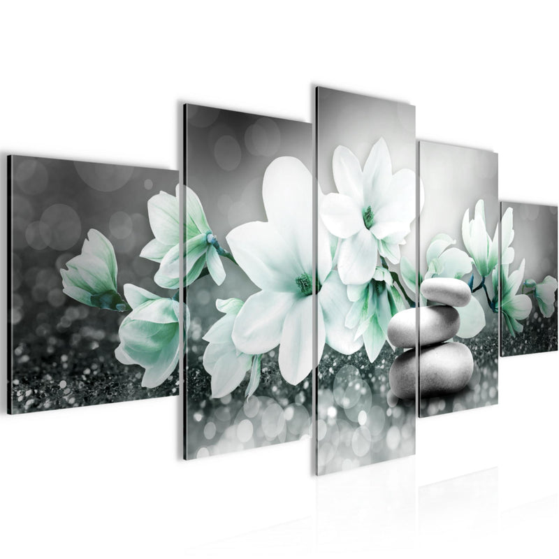 Runa Art Wandbilder Blumen Magnolien 5 Teilig Bild auf Vlies Leinwand Deko Wohnzimmer Abstrakt Grau Türkis 035452b