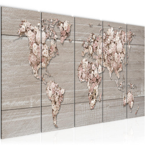 Runa Art Wandbild XXL Weltkarte Blumen Wohnzimmer Schlafzimmer 200 x 80 cm Beige Braun 5 Teilig - Made in Germany - 023255c