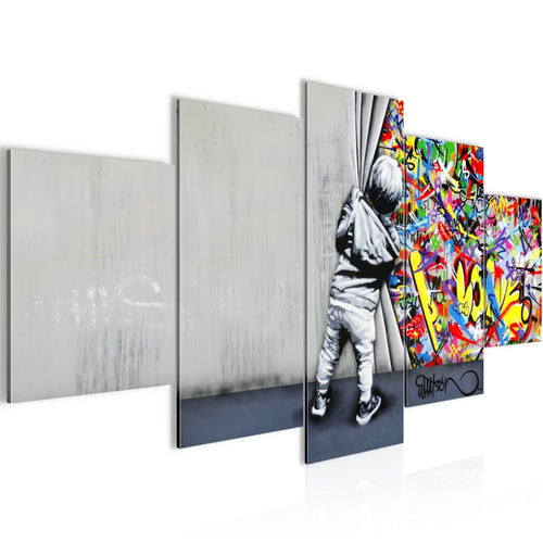 Runa Art Wandbilder Boy Behind the curtain 5 Teilig Bild auf Vlies Leinwand Deko Loft Wohnzimmer Streetart Graffiti Bunt 043552a