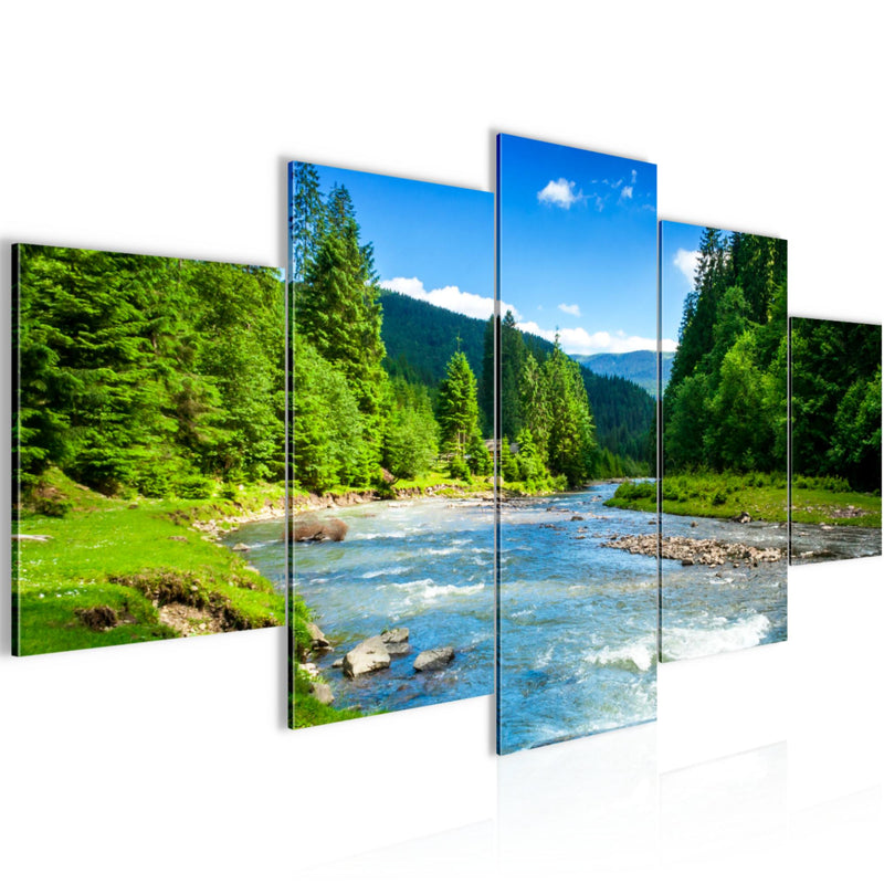 Runa Art Wandbilder Wald Fluss 5 Teilig Bild auf Vlies Leinwand Deko Wohnzimmer Schlafzimmer Natur Grün Blau 049852a