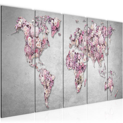 Runa Art Wandbild XXL Weltkarte Blumen Wohnzimmer Schlafzimmer 200 x 80 cm Grau Rosa 5 Teilig - Made in Germany - 023255a