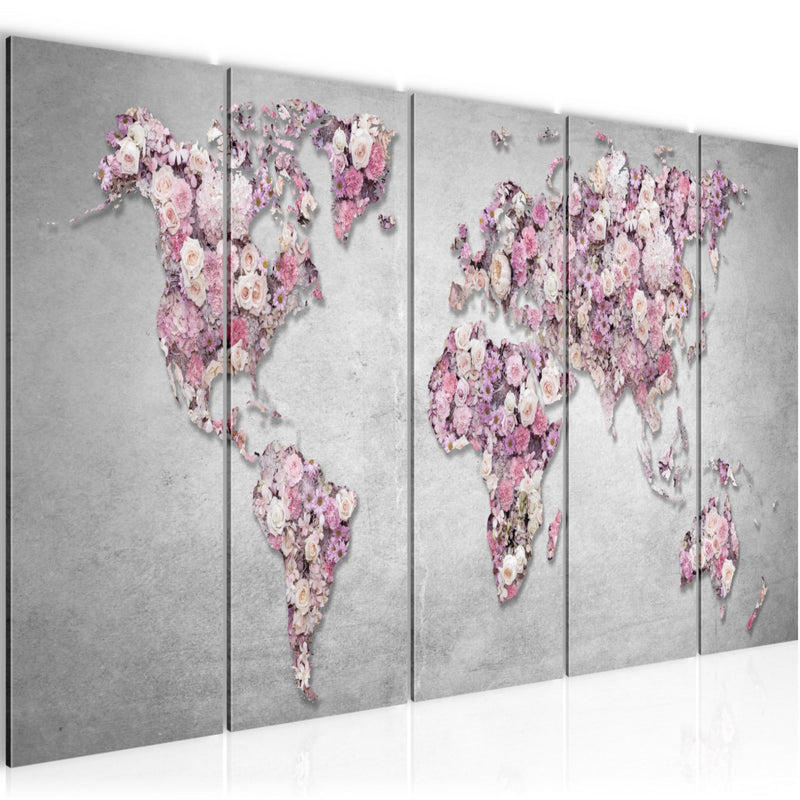 Runa Art Wandbild XXL Weltkarte Blumen Wohnzimmer Schlafzimmer 200 x 80 cm Grau Rosa 5 Teilig - Made in Germany - 023255a