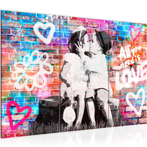 Runa Art Wandbilder the First Kiss Bild XXL Wohnzimmer Schlafzimmer Bunt Streetart Graffiti 120 x 80 cm 3 Teilig 044631a