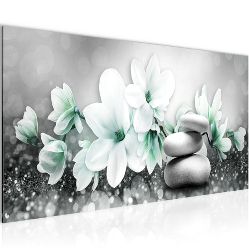Runa Art Wandbild Blumen Magnolien 1 Teilig 100 x 40 cm Modern Bild auf Vlies Leinwand Abstrakt Wohnzimmer Grau Türkis 035412b