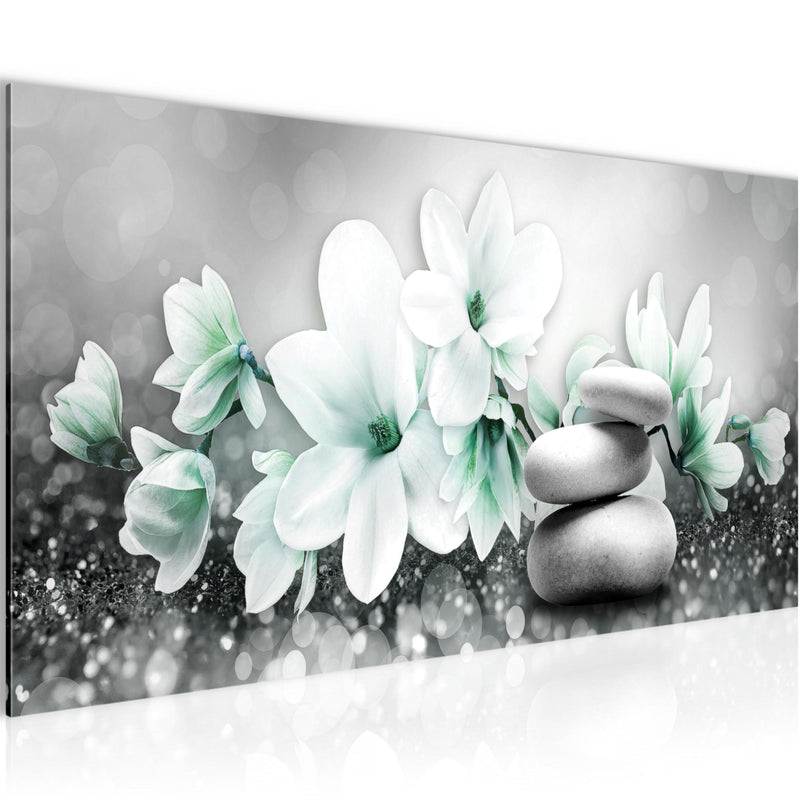 Runa Art Wandbild Blumen Magnolien 1 Teilig 100 x 40 cm Modern Bild auf Vlies Leinwand Abstrakt Wohnzimmer Grau Türkis 035412b