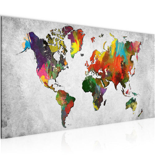 Runa Art Wandbild Weltkarte 1 Teilig 100 x 40 cm Modern Bild auf Vlies Leinwand Landkarte Beton Büro Wohnzimmer Bunt 105112c