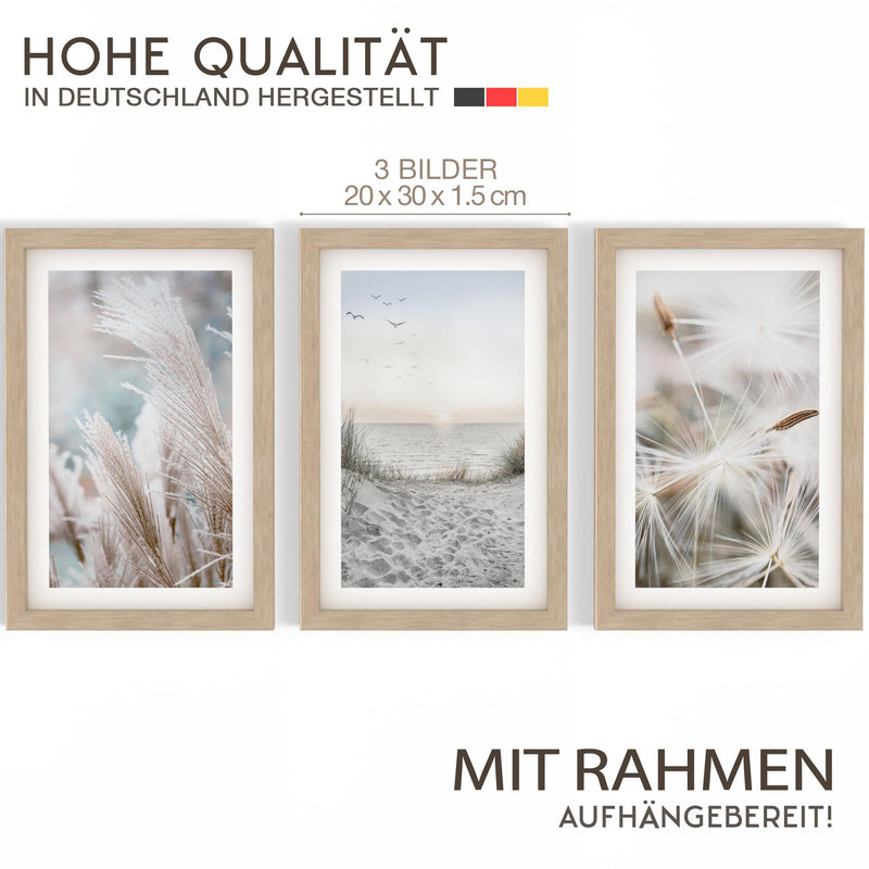 Novart Biler Set Strand Meer Boho - mit Rahmen - Wohnzimmer Schlafzimmer Flur Wanddeko - 3 Wandbilder Blau Beige - N133830aR1