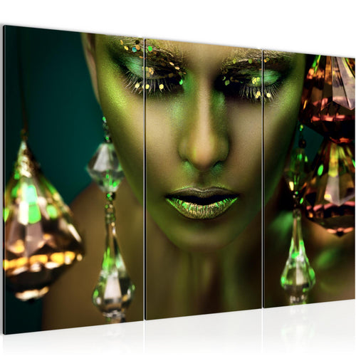 Runa Art Wandbilder Frau Gesicht Lippen Bild XXL Wohnzimmer Schlafzimmer Grün Gold Kosmetik Fashion 120 x 80 cm 3 Teilig 042131b