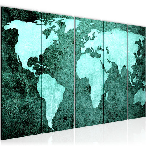 Runa Art Wandbild XXL Weltkarte Büro Wohnzimmer 200 x 80 cm Türkis 5 Teilig - Made in Germany - 101755b