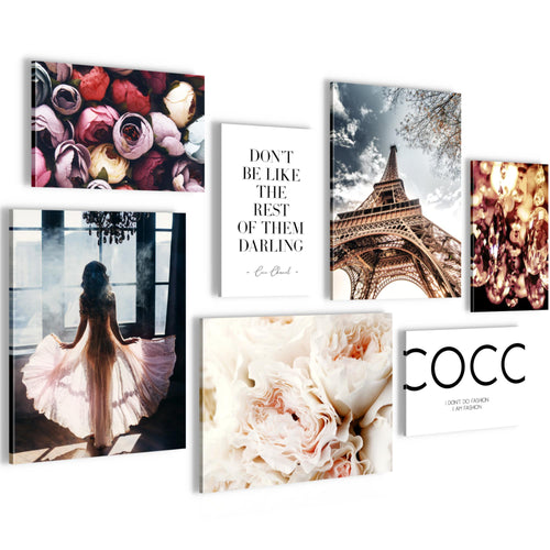 Novart Wandbilder Fashion Paris - KOMPLETT AUFHÄNGFERTIG - Coco Wohnzimmer Mädchen Teenager - 7 Moderne Mood-Bilder - N008271a