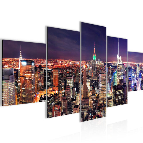 Runa Art Bild Wohnzimmer Büro New York Skyline 5 Teilig Städte Violett Lila Wandbilder auf Vlies Leinwand 036253a