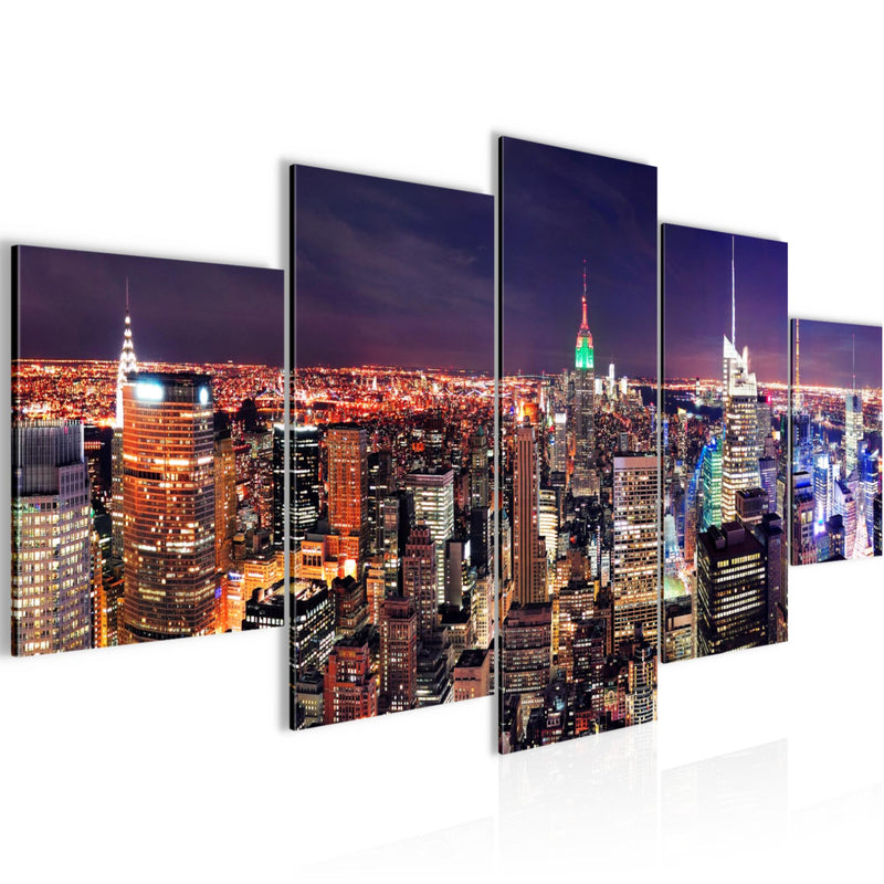 Runa Art Bild Wohnzimmer Büro New York Skyline 5 Teilig Städte Violett Lila Wandbilder auf Vlies Leinwand 036253a