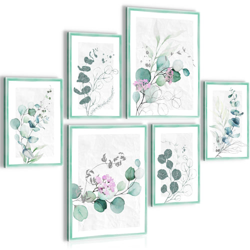 Novart Wandbilder Set Eukalyptus Pflanze Grüne Blätter  - KEIN EXTRA RAHMEN BENÖTIGT -  Modern Deko  - Wohnzimmer Schlafzimmer N003863a