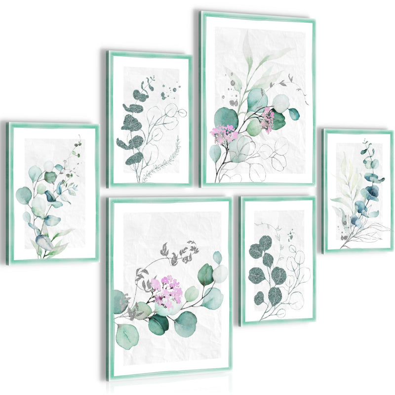 Novart Wandbilder Set Eukalyptus Pflanze Grüne Blätter  - KEIN EXTRA RAHMEN BENÖTIGT -  Modern Deko  - Wohnzimmer Schlafzimmer N003863a