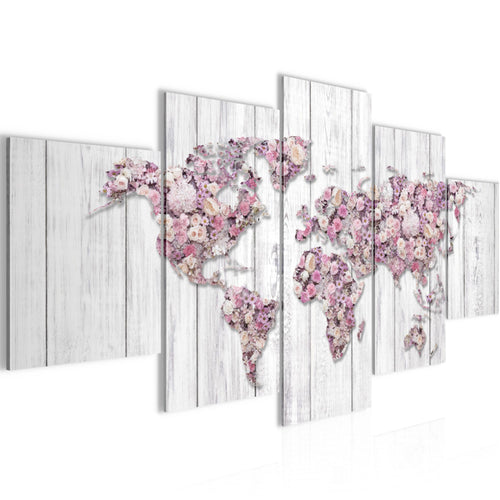 Runa Art - Bilder Weltkarte Blumen 200 x 100 cm 5 Teilig XXL Wanddekoration Design Grau Rosa 023251b